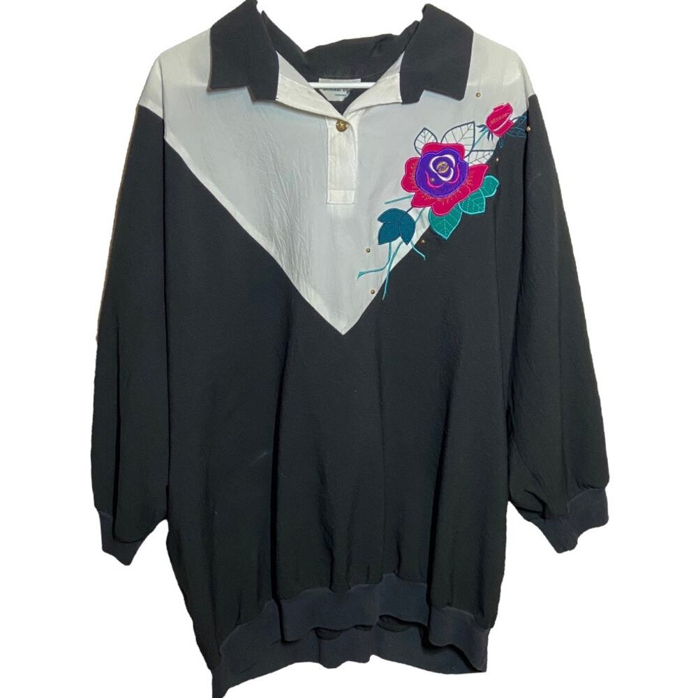 Vintage Bonnie Blair Polo Pullover Collared Patch Embroidered Floral White 5X